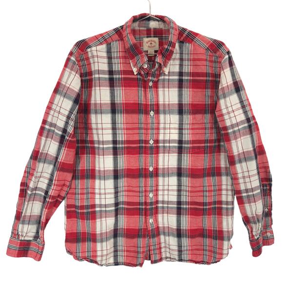 Brooks Brothers Shirt Mens L Red Black Plaid Linen Blend Long Sleeve Button Down - Picture 1 of 11